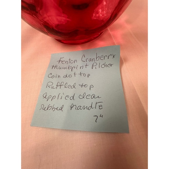 Fenton Cranberry Glass Pitcher Ruffled Rim Applied Reeded Handle Optic Rib Red - Picture 13 of 13
